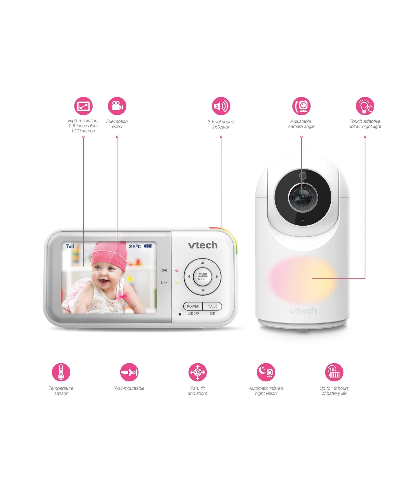 VTech VM3263 2.8" Video Baby Monitor With Night Light In White 5 VTech VM3263 2.8" Video Baby Monitor With Night Light In White - Image 3