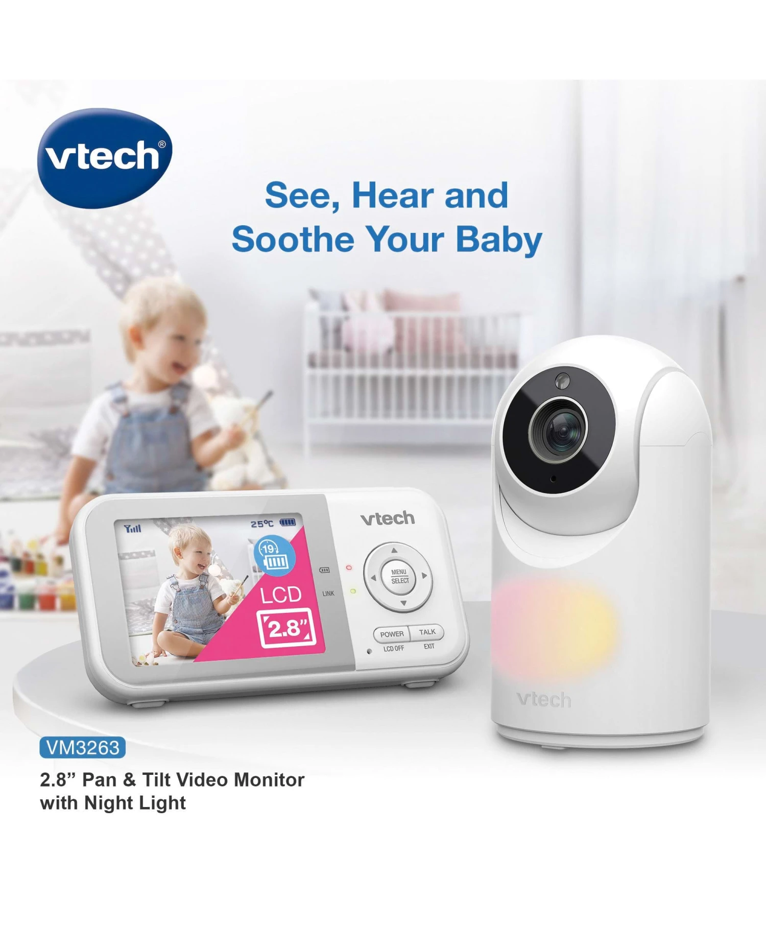 VTech VM3263 2.8" Video Baby Monitor With Night Light In White 4 VTech VM3263 2.8" Video Baby Monitor With Night Light In White - Image 2